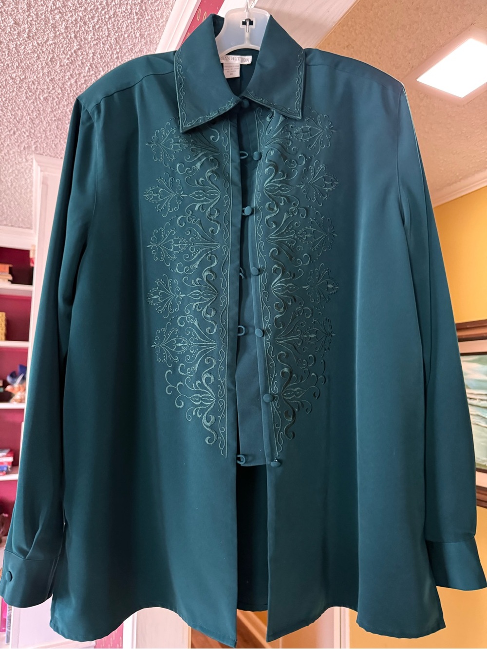 Susan Hutton vintage Embroidered Teal Button-Front Blouse size 1x